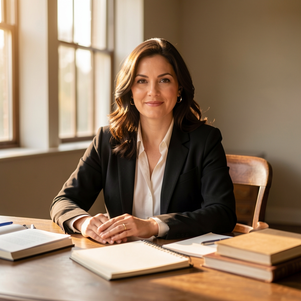 Editorial portrait of a woman editor seated at a large wooden desk with notebooks and papers, warm afternoon light through high windows