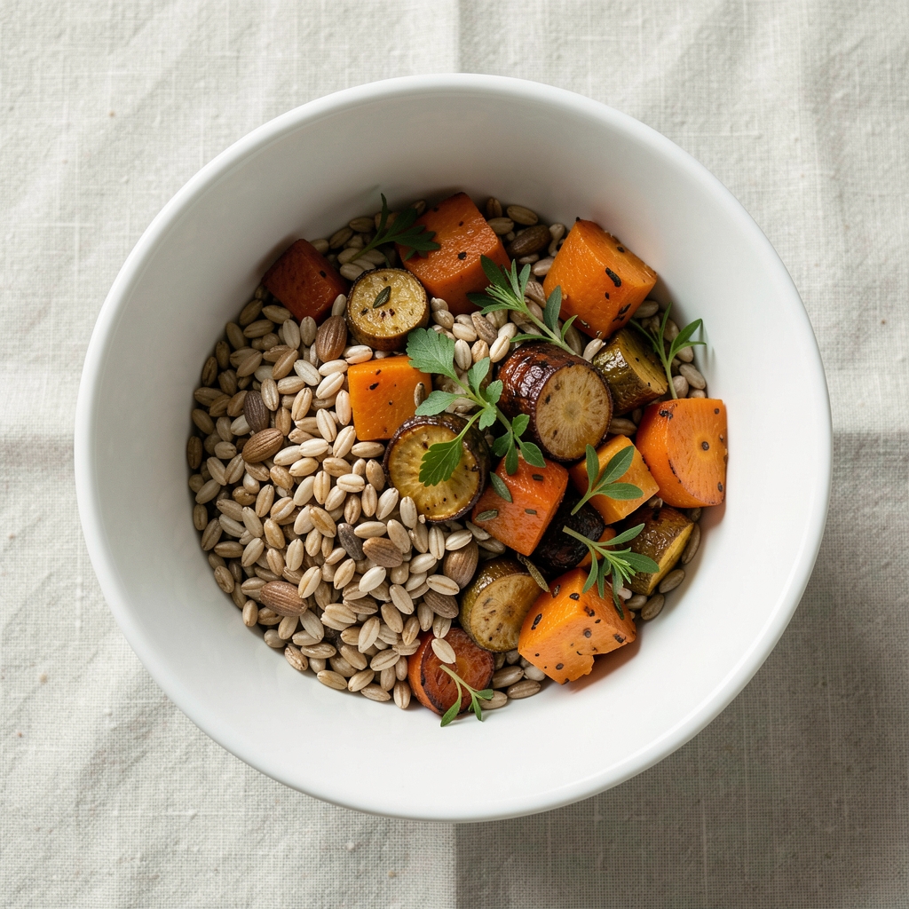 Close-up of a white ceramic bowl containing mixed whole grains, roasted vegetables and herbs, photographed from above on a pale linen surface