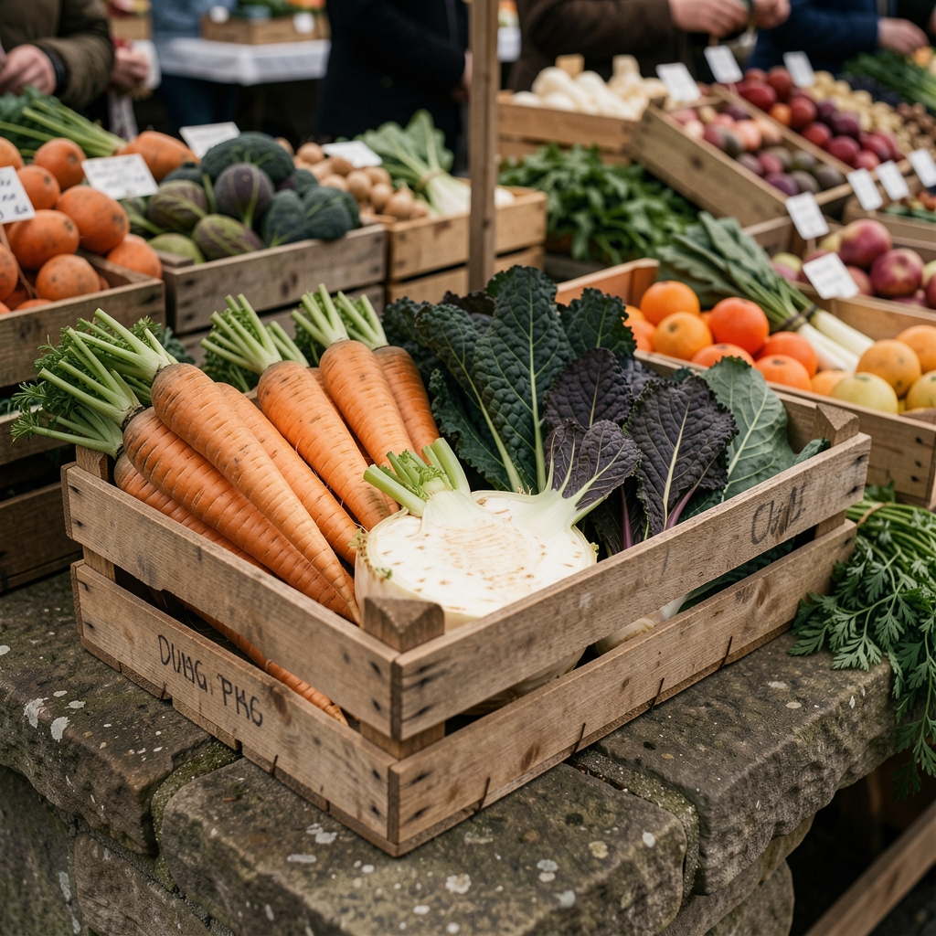 Crate of mixed autumn vegetables including parsnips, celeriac and dark-leafed kale on a stone surface at a local market