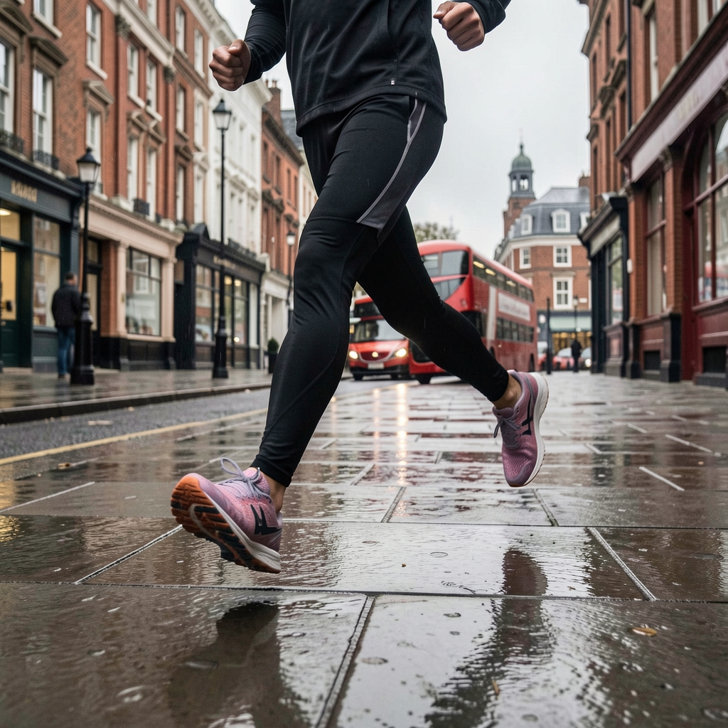 Person in running shoes on a wet London pavement during an overcast morning, motion captured mid-stride