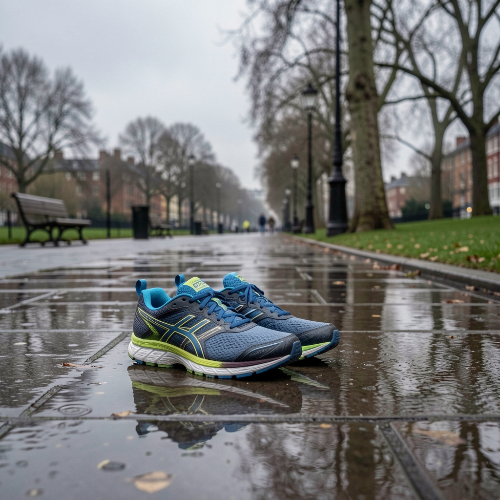 Running shoes placed on a wet London pavement beside a park, overcast morning light, puddles reflecting grey sky