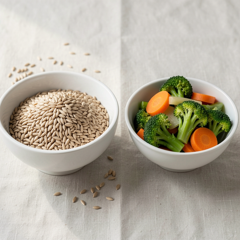 Two white ceramic bowls on a pale linen surface, one filled with whole grains and the other with steamed seasonal vegetables, natural light