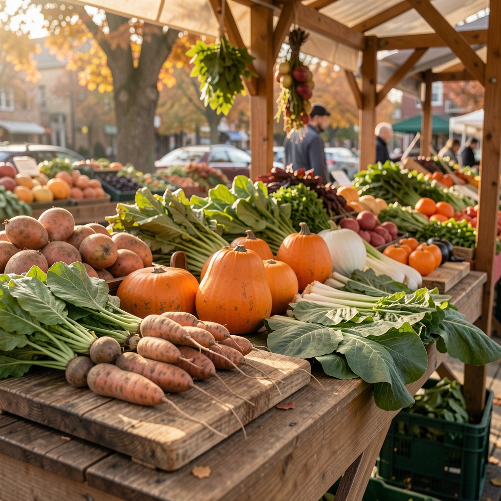 Autumn market stall with root vegetables, seasonal squash and leafy greens arranged on wooden boards in soft morning light